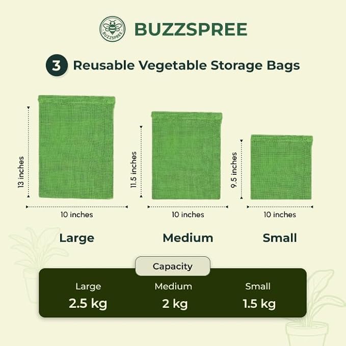 Buzzspree Eco-Friendly Cotton Mesh Produce Bags – Reusable, Washable & Sustainable Drawstring Net Bags for Fruits, Vegetables, Grocery Shopping & Kitchen Storage Organizer