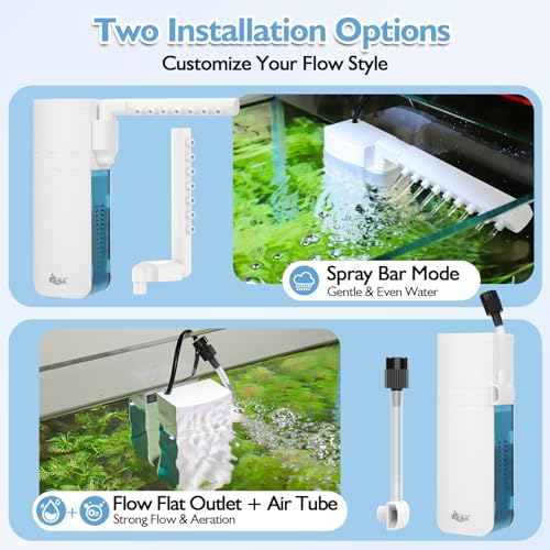 AQQA Aquarium Filter for 5-10 Gallon Tank, 79GPH Internal Small Fish Tank Filter with Dual Water Outlet & Aeration for Cry...