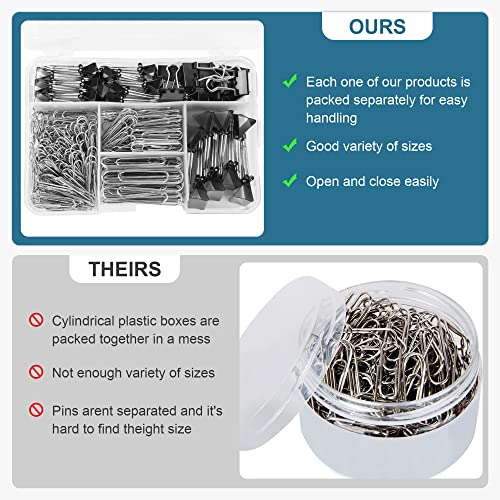 Assorted Size Binder Clips & Jumbo Paper Clips Set - 340pcs Black, Large for Office & School Supplies, in Container with C...