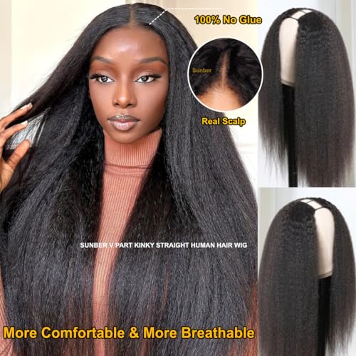 Sunber V Part Wig Human Hair Glueless Wig Kinky Straight Upgrade No Leave Out Vpart Kinky Straight Wigs 150% Density Glueless Clip in Half Wigs No Glue No Sew in Beginner Friendly 18Inch