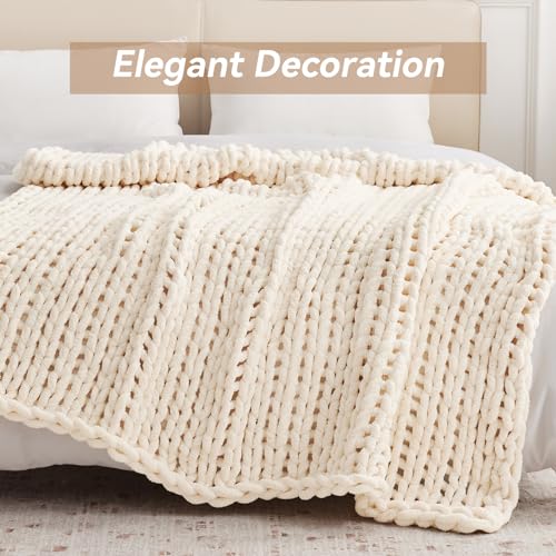 Negwoo Chunky Knit Throw Blanket, 50''*60'' Knitted Throw Chenille Yarn for Bed Couch, Handmade Cream Crochet Big Thick Bl...