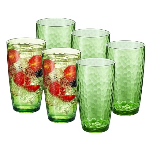 ZAINCA 20-ounce Plastic Tumblers, Acrylic Drinking Glasses High-Balls, set of 6 Green Reusable Plastic Cups, Hammered Styl...