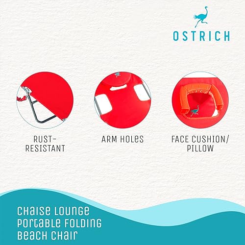 Ostrich Beach Lounge Chair, Folding & Reclining Outdoor Chaise Lounger, Red - Portable Adjustable Recliner Chair for Lawn,...