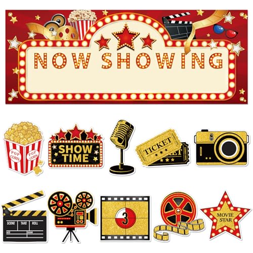 11 Pieces Movie Night Party Decorations Now Showing Banner Photography Background Movie Night Cutouts Double Sided Printin...