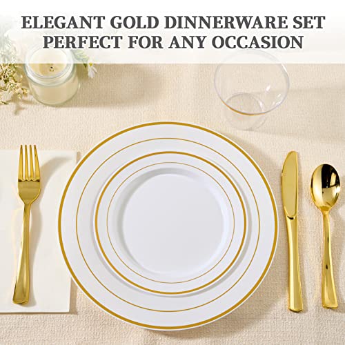 FOCUSLINE 600 Ct Gold Dinnerware Set for 100 Guests - Gold Rimmed Disposable Plastic Plates, Includes 100 Dinner & Salad P...