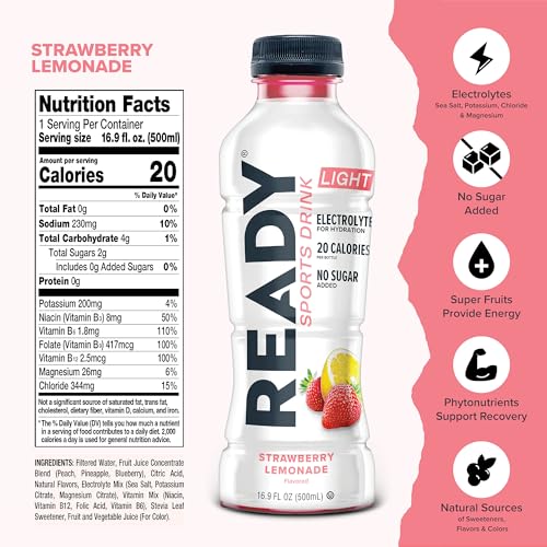 Ready® Sports Drink Light – The Ultimate Low-Calorie Hydration Drink with 4 Different Electrolytes – No Added Sugars – Nat...