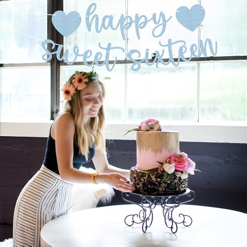 Pre-strung Happy Sweet Sixteen Banner - Light Blue Glitter 16th Birthday Party Decorations & Decor, Photo Booth Props