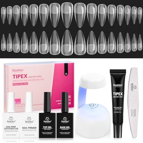 Beetles Tipex Instant Apex Nail Tips Kit – Stiletto Medium, Pre-Building Pre-Etched Thick Acrylic Tips with Tipex Nail Glu...