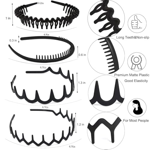 ULTIMUTE 8 PCS Fashion No Slip Effortless Plastic Headbands with Teeth Comb Black Skinny Hair Accessories Bands for Women ...