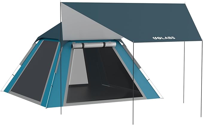 Golabs 2-3 Person Camping Tent w/ 9.5x8.5 ft Canopy, 3-Minute Setup by Pre-Attached Pole, PU1500mm Waterproof, 4 Side Mesh...