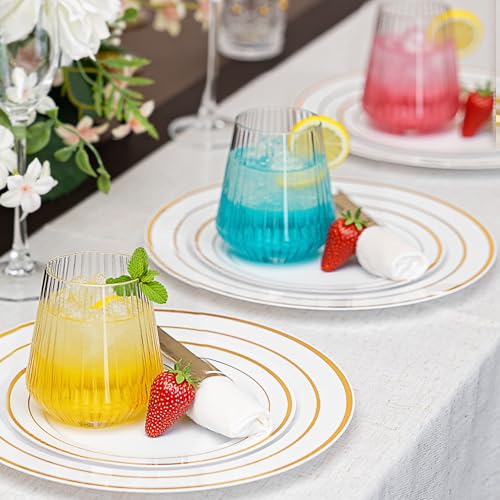 N9R 24 Count Plastic Wine Glasses Disposable 12oz - Elegant Origami Ripple Design, Shatterproof & Disposable for Whiskey, ...