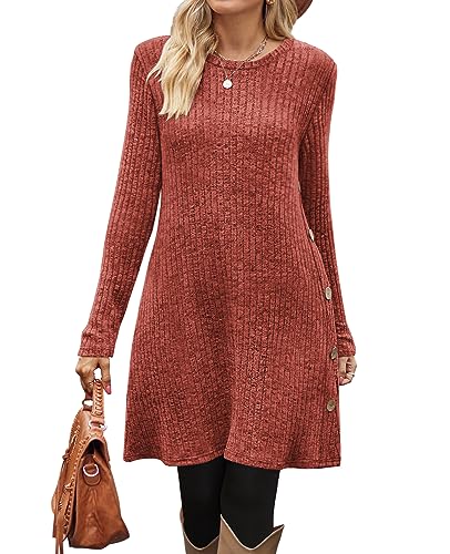 OFEEFAN Fall and Winter Tunic Dress with Pockets Long Sleeve Crew Neck Buttons Side