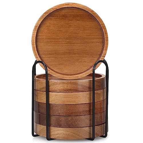 6 Pcs Best Wooden Coasters with Holder Coffee Table Decor Acacia Wood Coaster Set Modern Cup Coaster for Drink Home Dining...