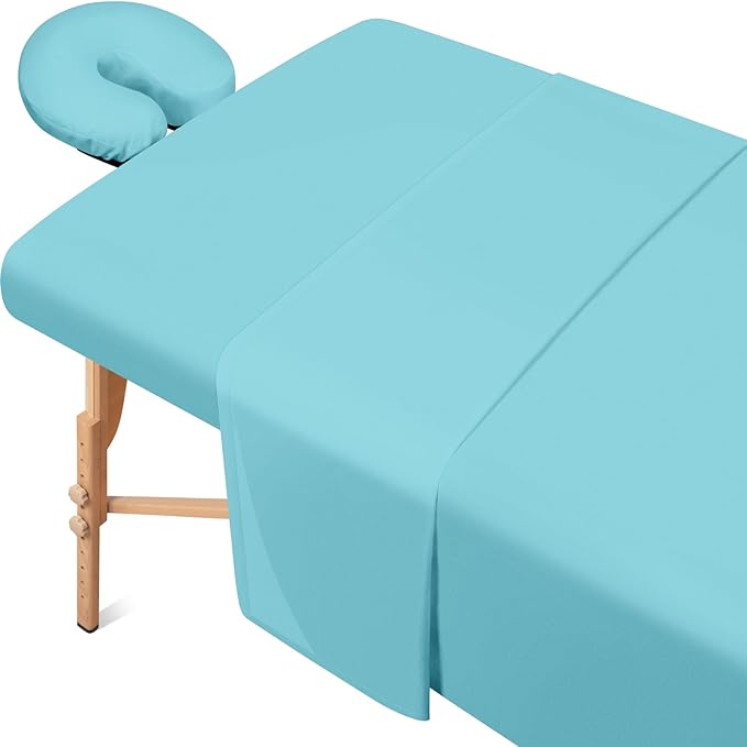 Comfyanno Massage Table Sheets Sets, 3 Pcs Professional Microfiber Massage Bed Cover Sheets, Soft, Light-Weight, Stain & Wrinkle Resistant, Includes Flat & Fitted Sheet, Face Cradle Cover - Sea Blue