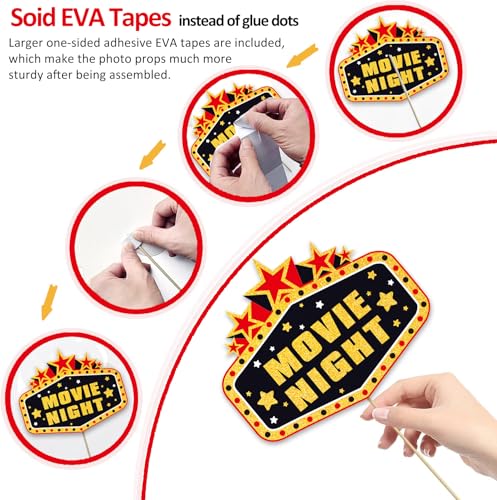 34pcs Hollywood Themed Movie Night Party Photo Booth Props, Hollywood Selfie Frame with Party Photo Props, Red Carpet Cuto...