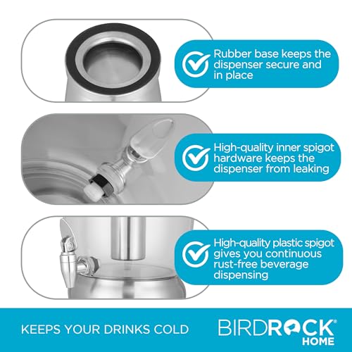 BIRDROCK HOME 3 Gallon Stainless Steel Beverage Dispenser with Ice Container, Spigot - Round - Lemonade Sangria Tea Water ...
