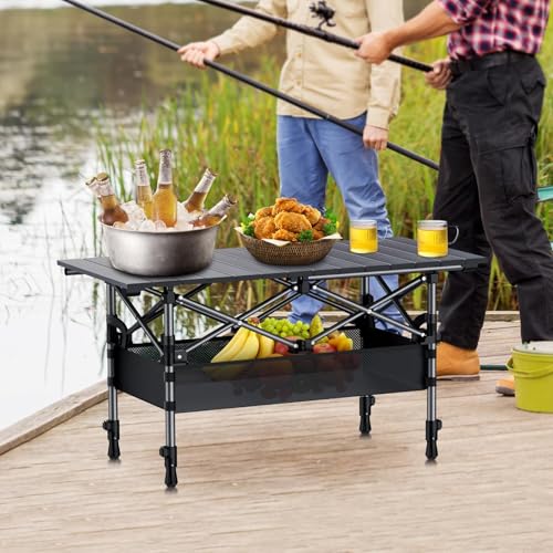 Anbte 3ft Aluminum Roll Top Camping Table, 2 Adjustable Height Camping Table Folding with Storage Net & Bag Lightweight Ro...