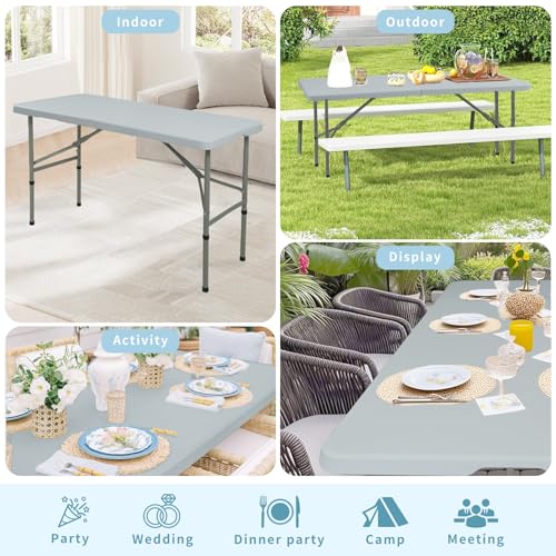 Folding Table 4FT Camping Table Portable Heavy Duty Plastic Rectangular Outdoor Dining Table Steel Legs Fold-in-Half with ...