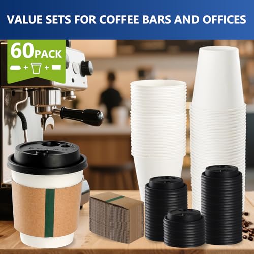 16oz Disposable Coffee Cups with Lids & Sleeves 60 Pack | Sturdy, Leak-Proof & Insulated To Go Disposable Cups for Hot/Col...