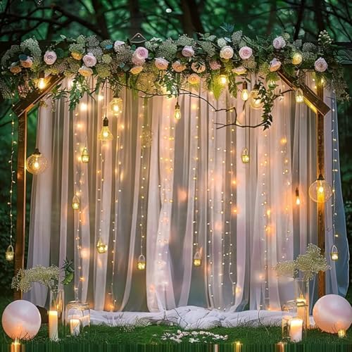Pink Tulle Backdrop Curtain with String Lights, 2 Panels 5×8FT Sheer Wrinkle-Free Pink Backdrop Drapes for Wedding, Bridal...