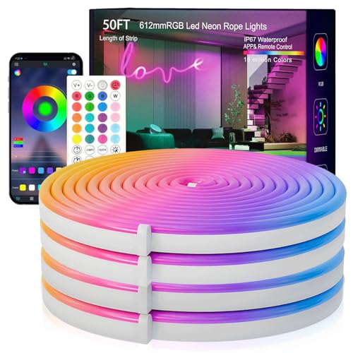 SILFU Neon Rope Lights, 50FT RGB Led Strip, Waterproof IP67, DIY Design, Music Sync, 44 Keys Remote Control, Multiple Mode...
