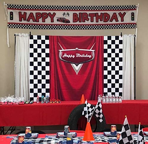 7x5ft Car Black White Grid Red Birthday Themed Backdrops Racing Flag Red Photo Backgrounds for Photography Happy Birthday ...