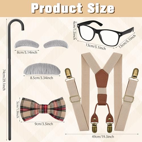 Horolam Kids Old Man Costume, Kids 100 Days of School Costume for Boys with Fake Beard Eyebrow Walking Cane Glasses Suspender