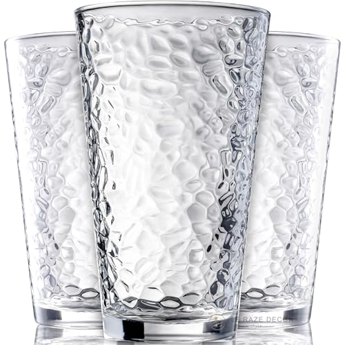 Set of 10 Hammered Glass Cups, 16oz. Dishwasher Safe Cocktail Drinking Glasses - Clear Heavy Base Stemmed Water Glasses, T...
