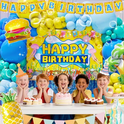 Sponge Birthday Decorations Kit - 153Pcs Under the Sea Party Supplies with Balloon Arch, Backdrop & Video Guide - All-in-O...