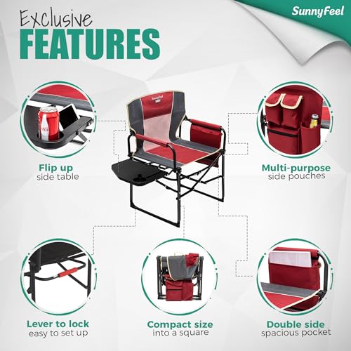 SUNNYFEEL Camping Directors Chair, Heavy Duty,Oversized Portable Folding Chair with Side Table, Pocket for Beach, Fishing,...