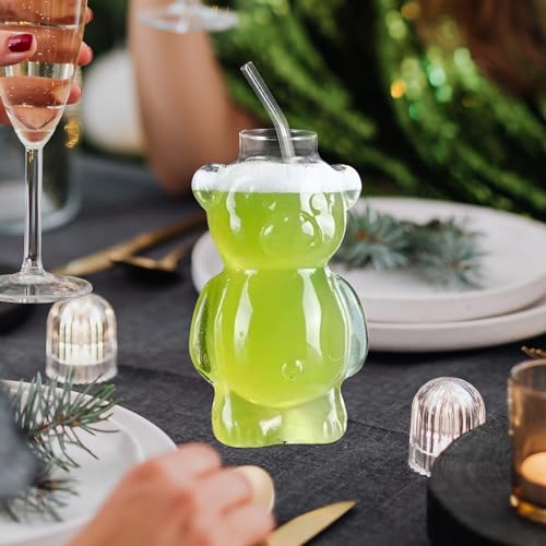 LUOZZY Bear Shaped Glass Cup with Straw Adorable Bear Cocktail Glass Transparent Beverage Drinking Glass Cup for Home Bar ...