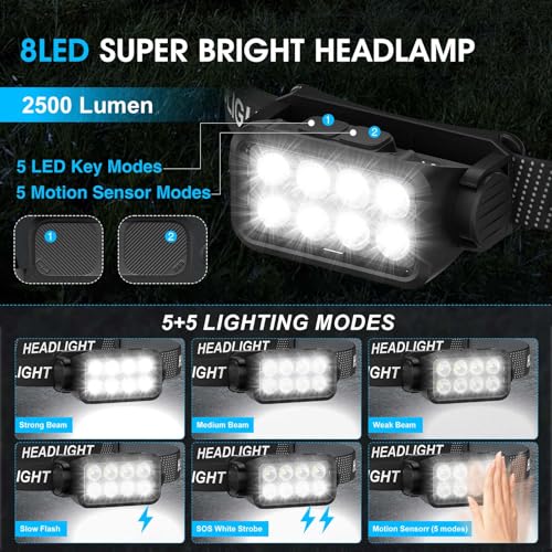Rechargeable Headlamp Flashlight 2-Pack, 8 LED 2500 Lumen Ultra-Light Bright Headlight with Motion Sensor, Waterproof Ligh...