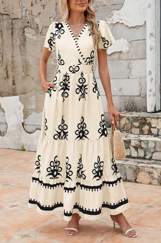 PRETTYGARDEN Womens 2025 Summer Casual V Neck Boho Maxi Dress Flowy Aline Bell Sleeve Tiered Floral Dresses with Pocket