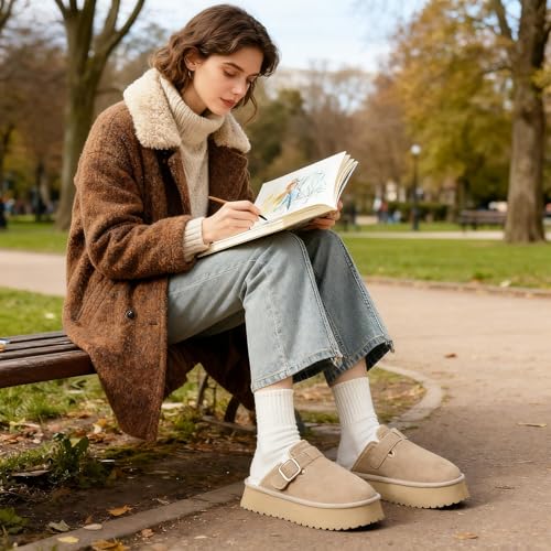 Mishansha Fuzzy Platform Slippers for Women Winter Faux Suede Warm Slippers Cozy House Shoes Outdoor and Indoor