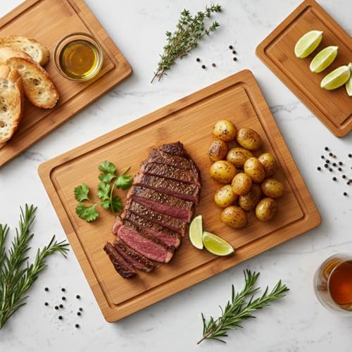 Tafopue Cutting Board Set with Holder, Space Saving Kitchen Bamboo Chopping Boards, Build in Juice Groove and Grip Handle,...