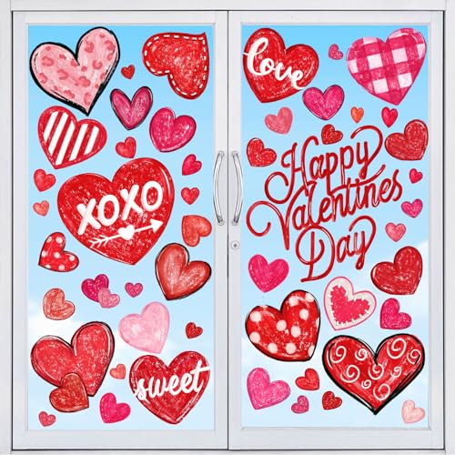 DIYDEC 6 Sheets Valentines Window Cling Double-Sided Pink Red Love Heart Window Stickers Happy Valentines Window Decals fo...