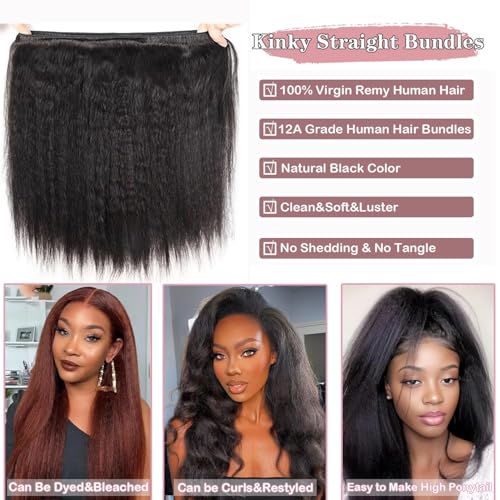 12A Kinky Straight Human Hair Bundles 20 20 20 Inch 100% Real Virgin Human Hair Yaki Straight Bundles Sew In Human Hair Extension for Black Women Natural Color