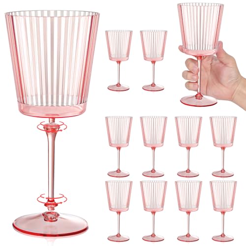 12 PCS Pink Plastic Wine Glasses with Removable Stems 13.5 Oz Pink Ribbed Wine Glasses Square White Wine Glass Muted Paste...