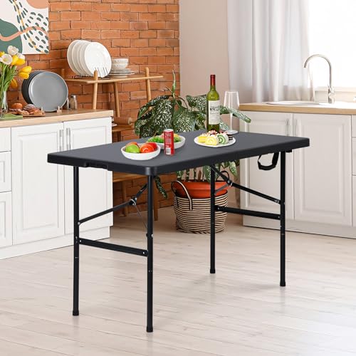 ZENY 4ft Portable Folding Table Plastic Indoor Outdoor Picnic Party Camp Dining Table with Handle, Black