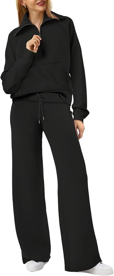XIEERDUO Lounge Sets For Women 2025 Half Zip Sweatshirt And Wide Leg Sweatpant 2 Piece Outfits Sweatsuit Tracksuit