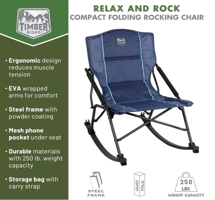 Timber Ridge Folding Rocking Camping Chair - Portable Outdoor Rocker Chair with Carry Bag - Supports 250 lbs