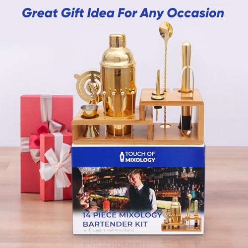 14PC Bartender Kit - Gold Cocktail Shaker Set - All Barware Essentials for Drink Mixing Includes Stand, Martini Shaker, Ji...