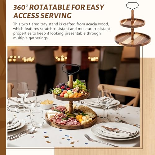 LemonRoad 2 Tiered 360° Rotatable Acacia Charcuterie Boards gift Large Wood Serving Tray Charcuterie cake stand,Perfect fo...