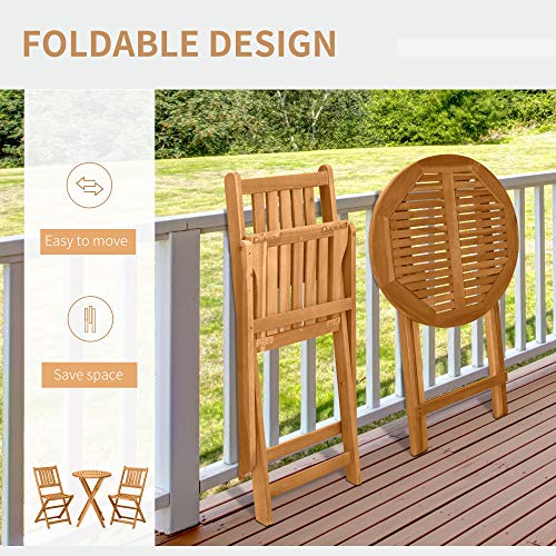 Outsunny 3-Piece Acacia Wood Bistro Set, Folding Patio Furniture with 2 Folding Chairs and Round Coffee Table, Teak, Slatt...