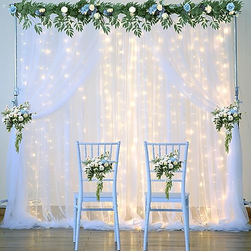 White Tulle Backdrop Curtain with Lights String for Parites 10×8ft Sheer Backdrop Curtains White Curtain Backdrop for Wedd...