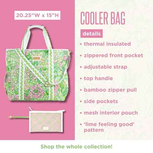 Lilly Pulitzer Green Picnic and Beach Cooler, Insulated Bag with Adjustable Shoulder Strap and Zipper, Large Soft Cooler for Groceries or Travel, Lime Feeling Good