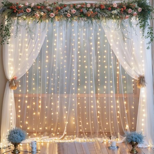 10FT x 7FT White Sheer Curtains with Lights String Tulle Curtain for Living Room Bedroom Parites Wedding Birthday Decorati...