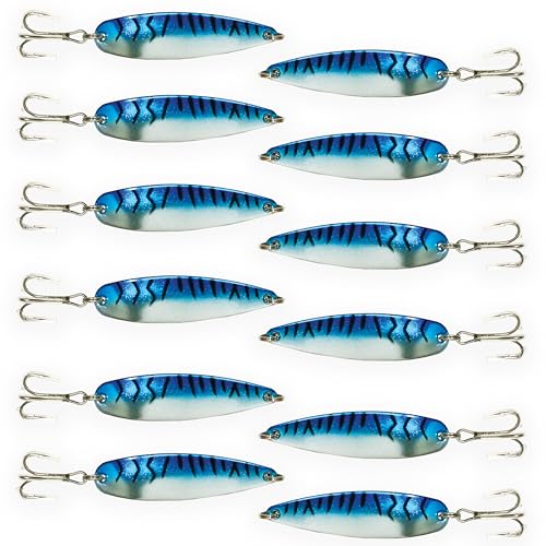Crocodile Spoons Fishing Lures 2oz,12 Pcs Blue Mackerel Chrome Finish with Treble Hooks for Saltwater & Freshwater Fishin...