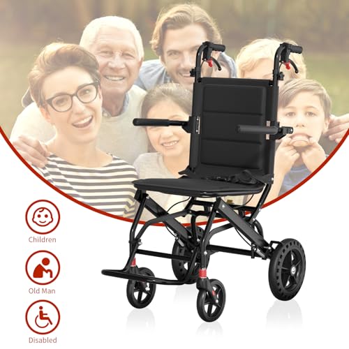 Lightweight Transport Portable Folding Wheelchair, Ultra-Light Wheelchair (Only 17lbs) with Telescopic Handle & Cupholder ...