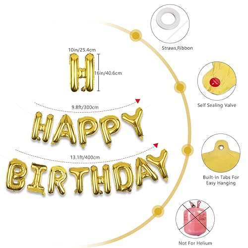 Gold Happy Birthday Balloons Banner 16 Inch Mylar Foil Letters, Inflatable Party Decor and Birthday Decorations for Women,...